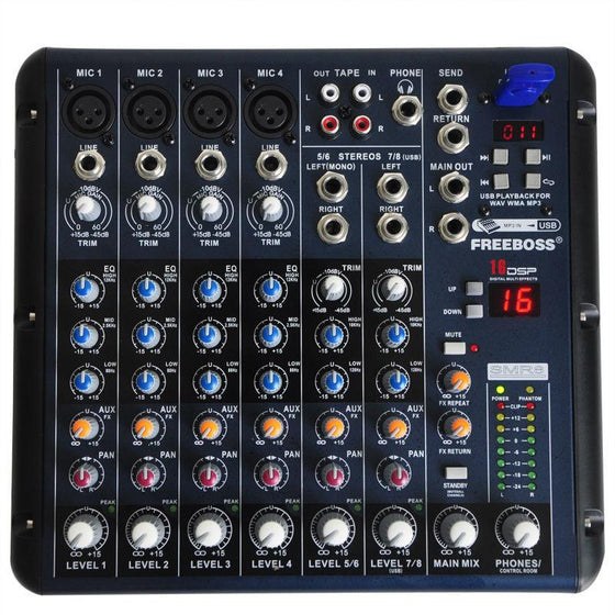 Freeboss SMR8 8 Channels (4 Mono + 2 Stereo) 16 DSP Sound Console Equipment Professional USB Audio DJ Mixer