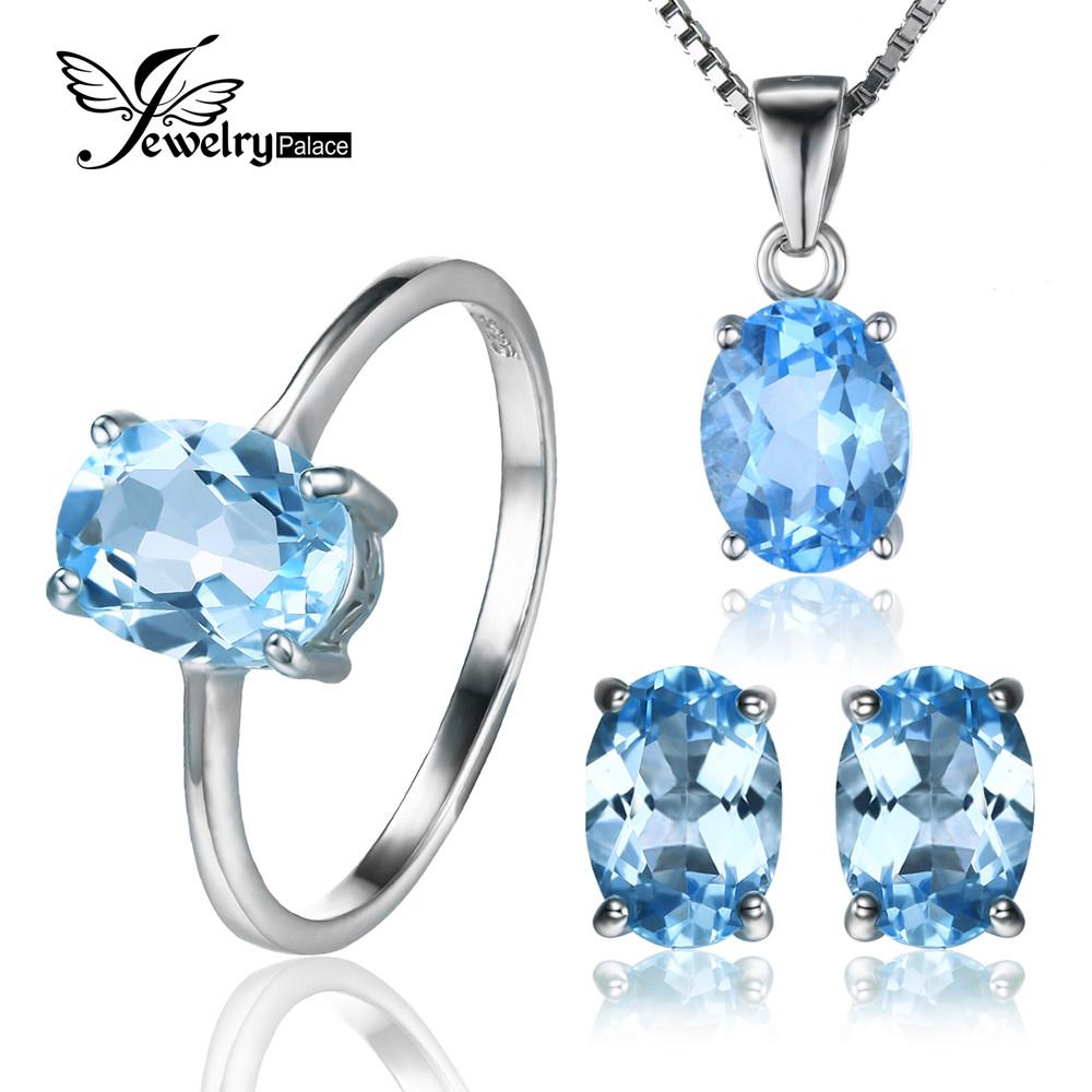 JewelryPalace Oval 5.8ct Natrual Blue Topaz Ring Stud Earrings Pendant Necklace 925 Sterling Silver Jewelry Sets 45cm Box Chain