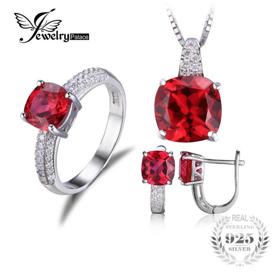 JewelryPalace Created Ruby Ring Necklace Clip Earring Jewelry Set 925 Sterling Silver Jewelry Set Fine Jewelry for Women