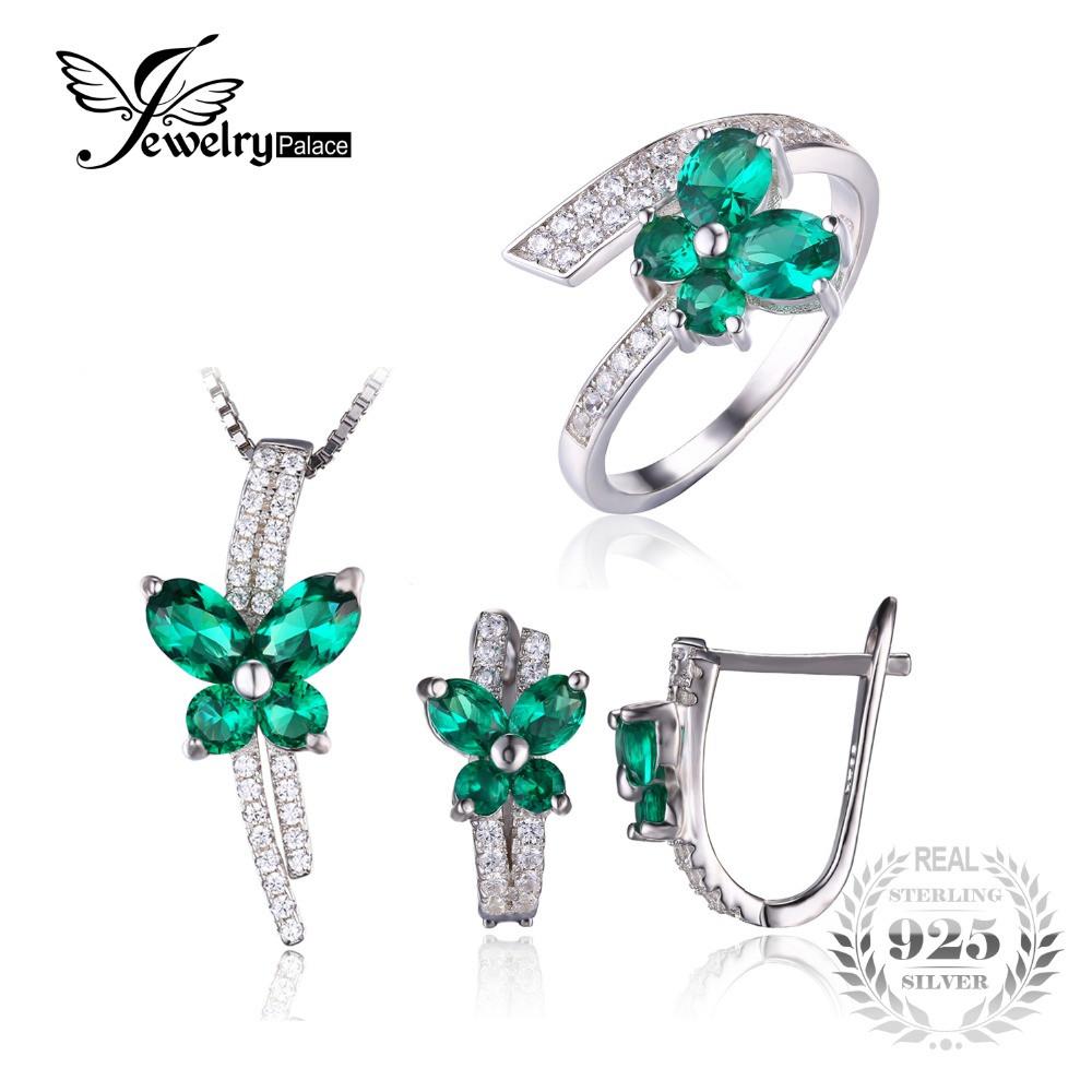 Jewepalace Butterfly Created Emerald Jewelry Set 925 Sterling Silver Ring Necklace Pendant Earring Clip Women Bridal Jewelry Set