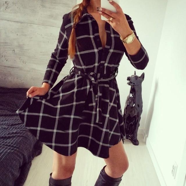 2015  Explosions Leisure Vintage Dresses Autumn Fall Women Plaid Check Print Spring Casual Shirt Dress Mini Q0035