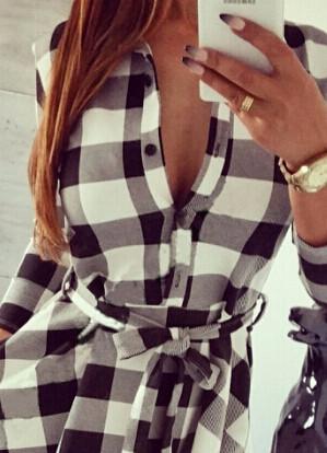 2015  Explosions Leisure Vintage Dresses Autumn Fall Women Plaid Check Print Spring Casual Shirt Dress Mini Q0035
