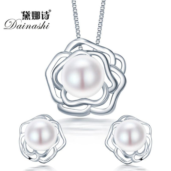 2015 fashion big flower 925 sterling silver jewelry sets pendant & necklace with s925 chain for women pearl jewelry set on sale