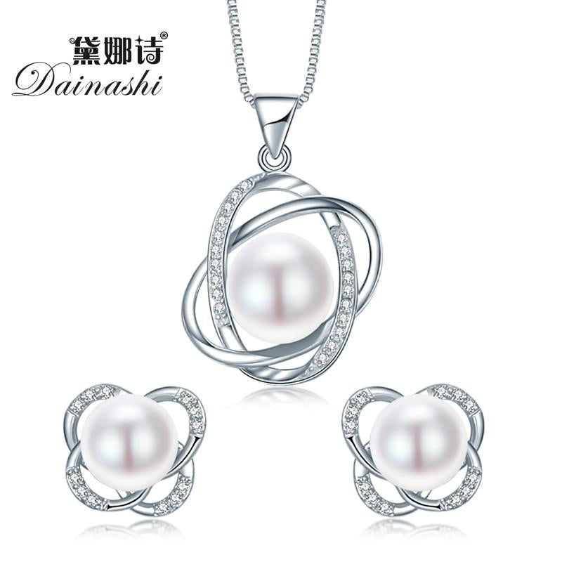 Top Quality Trendy Cross 925 Sterling Silver Jewelry Sets Pendant Necklace & Earring Big Pearl Pendant Earrings For Women Gift