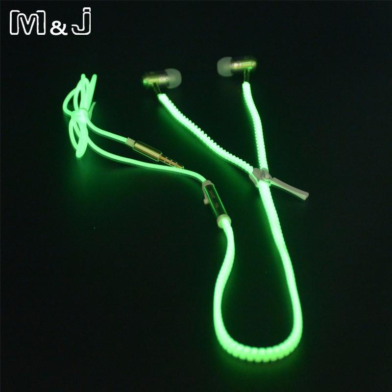 Glowing Earphone Luminous Light Metal Zipper Earbuds Glow In The Dark For Iphone Samsung Xiaomi MP3 With Mic