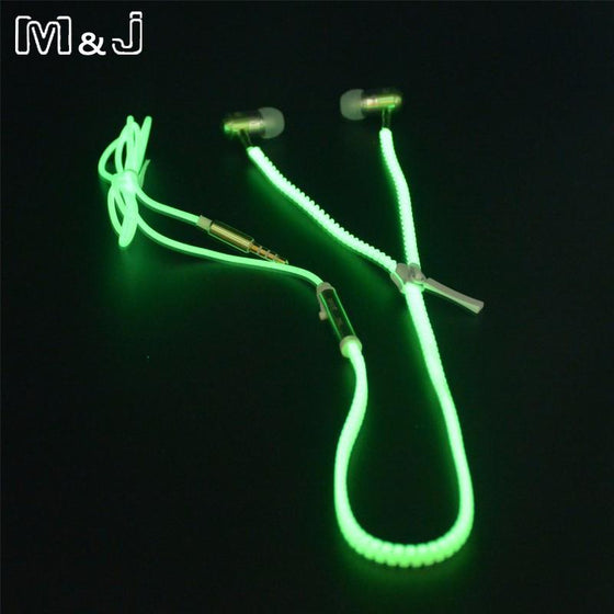 Glowing Earphone Luminous Light Metal Zipper Earbuds Glow In The Dark For Iphone Samsung Xiaomi MP3 With Mic