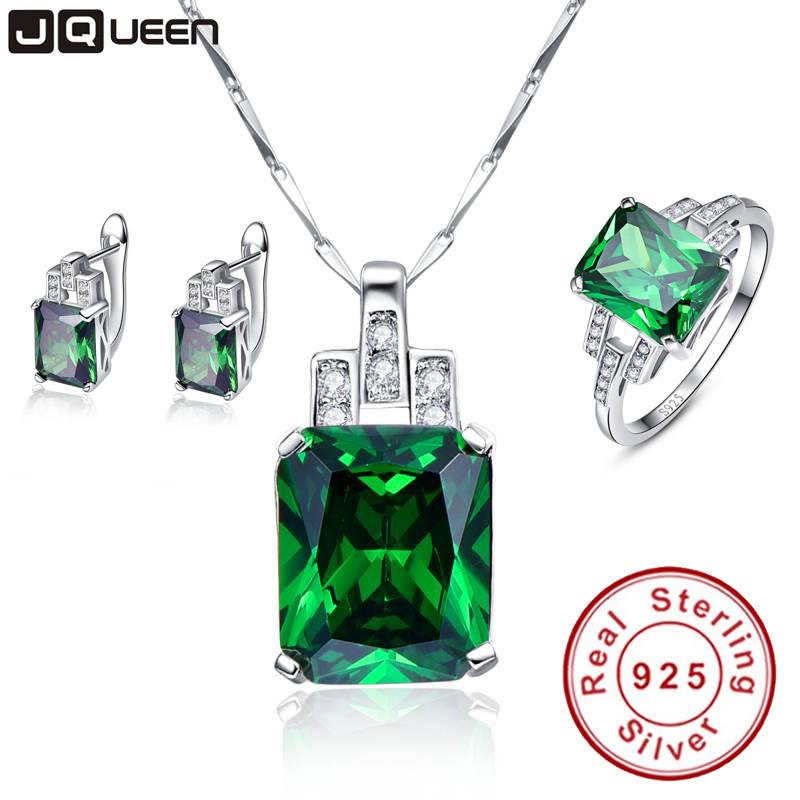 Hope of Green Fine Jewelry Sets Emerald Silver 925 Sterling Pendant Necklace with Earrings Stud Set Green Rings Sz 6-9 for Women