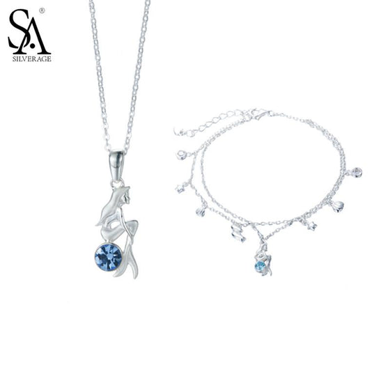SA SILVERAGE 925 Sterling Silver Jewelry Sets Mermaid Pendant Necklaces Chain Bracelet Fine Jewelry Blue 2017 Hot Sale