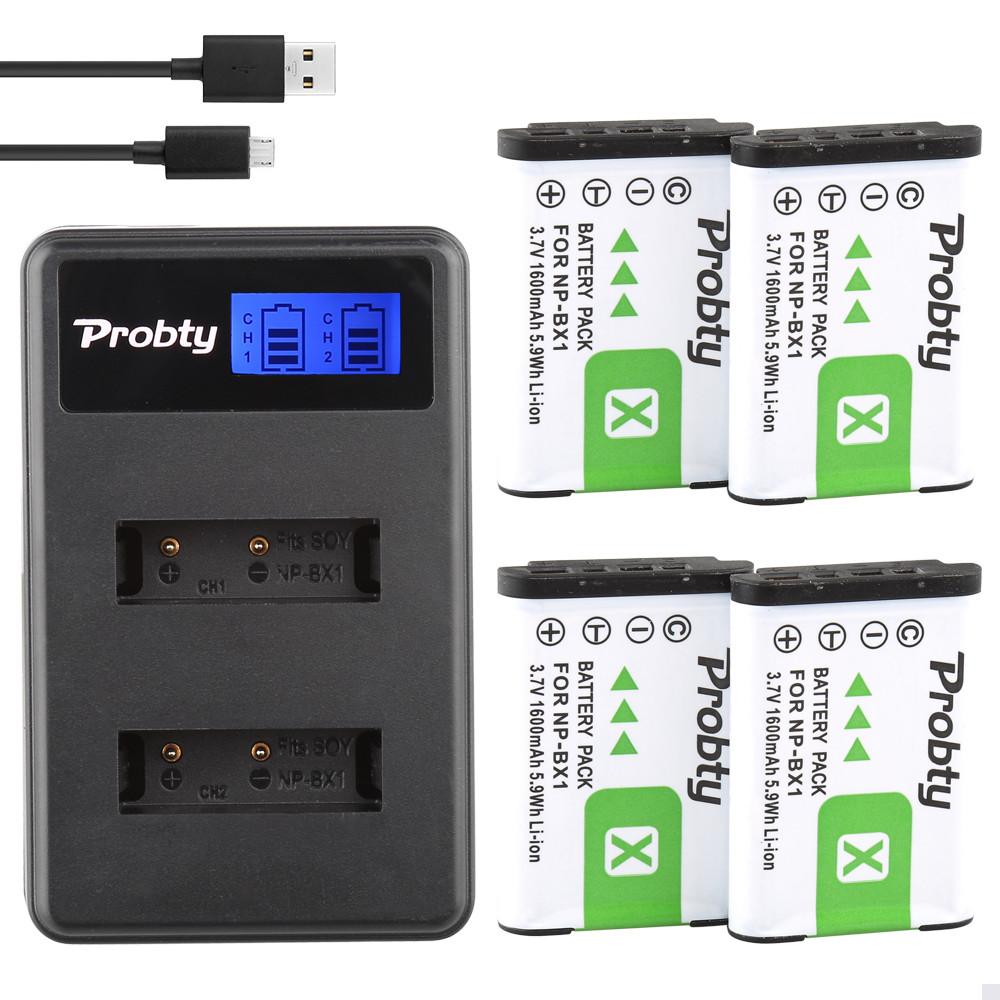 Probty 4pcs NP BX1 np-bx1 Battery + LCD Charger For Sony DSC-RX100 DSC-WX500 IV HX300 WX300 HDR-AS15 CX240E MV1 AS30V HDR-AS300