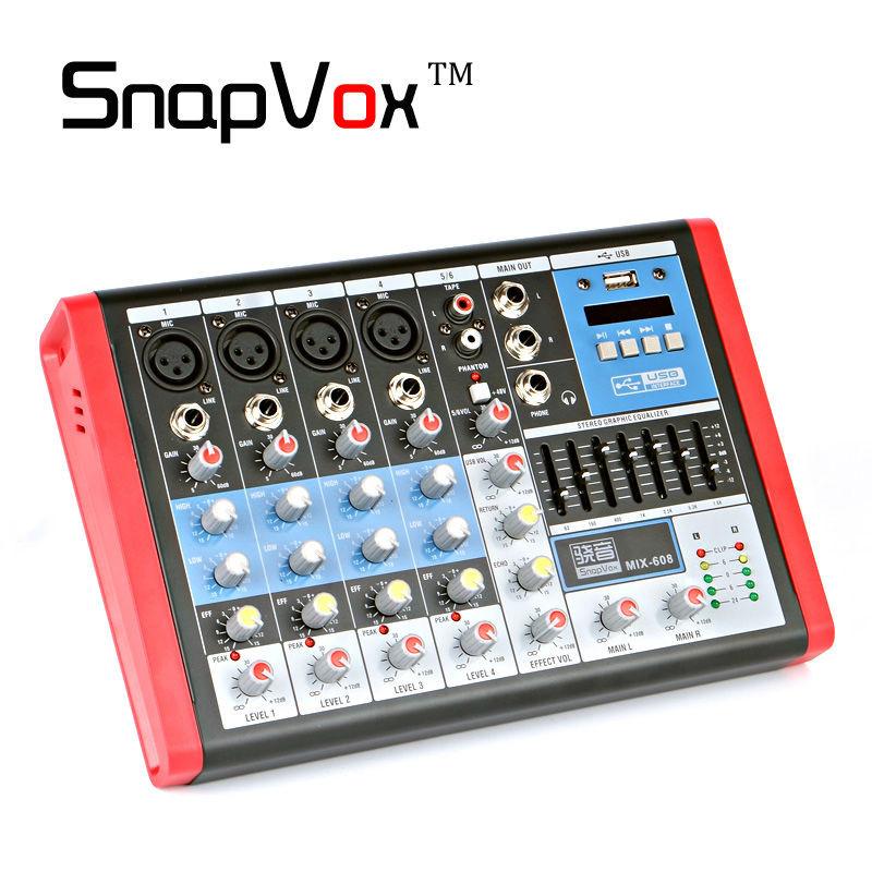 Professional 6 Channels Audio Mixer Console Mixing Sound Equipment Amplifier Equalizer DJ Stage Line In Out 48 V Phantom Power